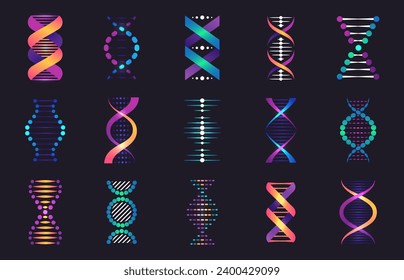 Dna spirals collection. Biotechnology and genetic research models. DNA helix and chromosome structure. Pharmaceutical model of molecule vector set of biotechnology science chromosome illustration