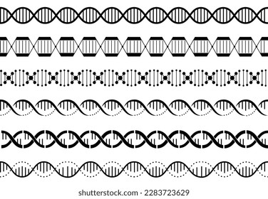 Dna spirals seamless pattern. Genetics helix borders, gene chains graphic elements. Simple biological waves, genes structures decent vector set