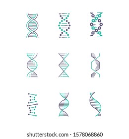 DNA spirals violet and turquoise color icons set. Deoxyribonucleic, nucleic acid helix. Spiraling strands. Chromosome. Molecular biology. Genetic code. Genome. Genetics. Isolated vector illustrations