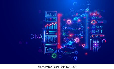 DNA strand analysis. medicine technology concept. research of genetic molecular helix. Data Scientist in medicine. Dna sequencing. Medical tech interface with data of patient. Dna spiral genome exam.