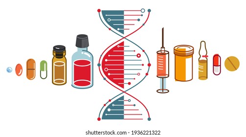 DNA-Strang-basierte medizinische Themenzusammensetzung mit vielen verschiedenen Medikamenten und Medikamente Vektorgrafik einzeln, Drogerie oder medizinische Biotechnologie wissenschaftliche Forschung.