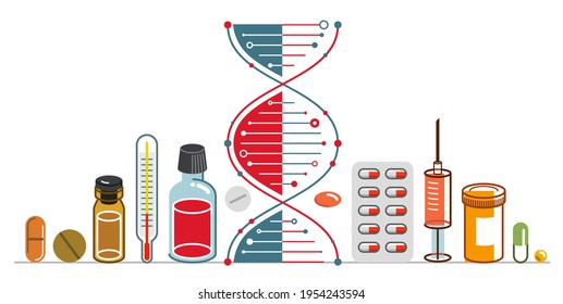 DNA strand based medical theme composition with lots of different drugs and meds vector illustration isolated, drugstore or medical biotechnology scientific research.