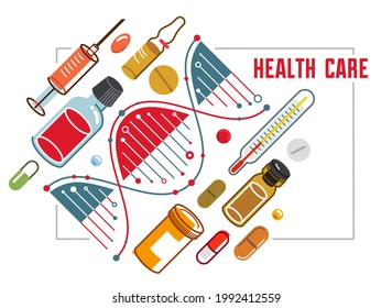 DNA strand based medical theme composition with lots of different drugs and meds vector illustration isolated, drugstore or medical biotechnology scientific research.