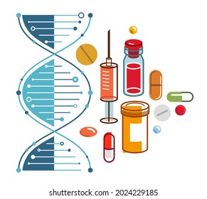 DNA strand based medical theme composition with lots of different drugs and meds vector illustration isolated, drugstore or medical biotechnology scientific research.