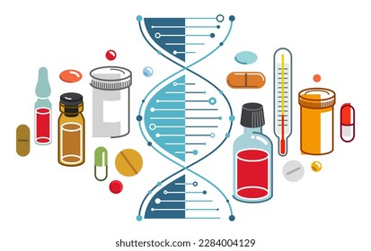 DNA strand based medical theme composition with lots of different drugs and meds vector illustration isolated, drugstore or medical biotechnology scientific research.