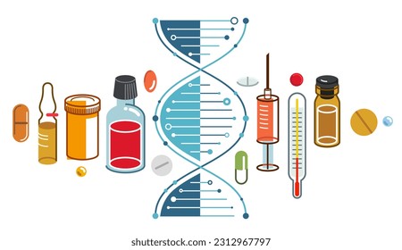 DNA strand based medical theme composition with lots of different drugs and meds vector illustration isolated, drugstore or medical biotechnology scientific research.