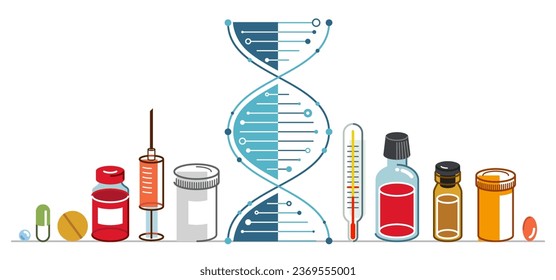 DNA strand based medical theme composition with lots of different drugs and meds vector illustration isolated, drugstore or medical biotechnology scientific research.