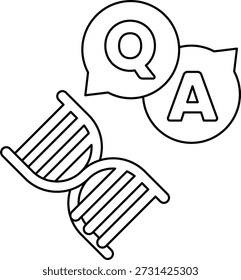 Uma cadeia de DNA com um Q e A acima dela. O Q e A representam a pergunta e a resposta de um experimento ou descoberta científica
