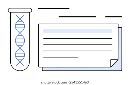 A DNA strand in a test tube alongside a set of documents with lines of text. Ideal for scientific research, genetic studies, laboratory manuals, medical documentation, and biotechnology