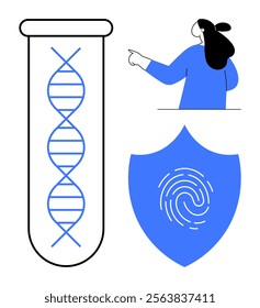 DNA strand in test tube DNA fingerprint on shield woman pointing Ideal, for genetics research identity verification security science education medical studies