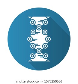 DNA strands blue flat design long shadow glyph icon. Connected circles, lines. Deoxyribonucleic, nucleic acid helix. Chromosome. Molecular biology. Genetic code. Vector silhouette illustration