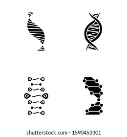 DNA strands glyph icons set. Deoxyribonucleic, nucleic acid helix. Spiraling strands. Chromosome. Molecular biology. Genetic code. Genome. Genetics. Silhouette symbols. Vector isolated illustration