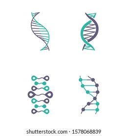 DNA strands violet and turquoise color icons set. Deoxyribonucleic, nucleic acid helix. Spiraling strands. Chromosome. Molecular biology. Genetic code. Genome. Genetics. Isolated vector illustrations