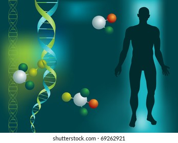 DNA string and silhouette of a man on a green background with molecules