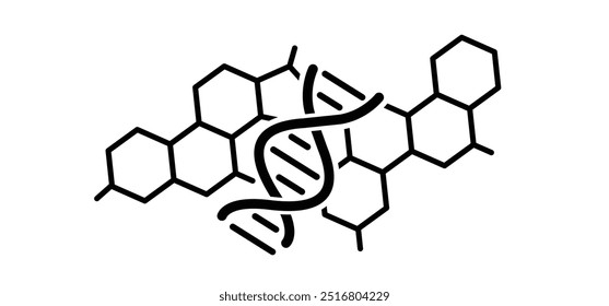 Cadeia de DNA, cadeia de hélice dupla espiral. sem hormônios, antibióticos. Comida sem hormônio. Estrutura química, célula de fórmulas estruturais. Sem adição, sem aditivos. Hexágono, células hexagonais.