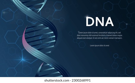 DNA structure banner. Microbiology and biochemistry, genetics. Study of structure of body, scientific and medical research. Landing page design. Realistic 3D vector illustration