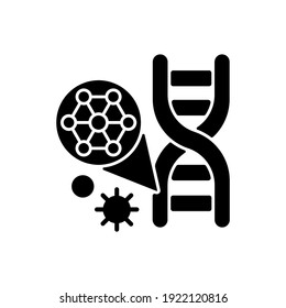 Estructura de ADN icono de glifo negro. Examen cromosómico. Experimento de microbiología. Investigación biotecnológica. Ingeniería genética. Símbolo de silueta en el espacio blanco. Ilustración aislada del vector