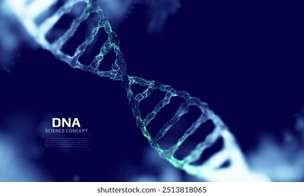 Estrutura de DNA construída com partículas. Modelo genético digital 3D. Experiência científica. Ilustração vetorial.