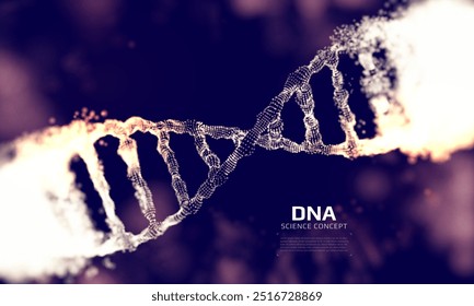 Estrutura de DNA construída com partículas. Modelo genético digital 3D. Experiência científica. Ilustração vetorial.