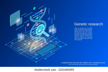 DNA structure, genetics research flat 3d isometric vector concept illustration