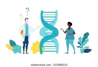 DNA structure. Genome sequencing concept of genome editing. Pharmaceutical chemistry and dna research. Doctors researching cells.