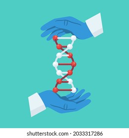 DNA structure holding doctor in hands. DNA icon. Vector illustration flat design. Isolated on white background. Scientific spiral DNA. Structure of molecules. Hand gesture as  symbol of save and safet