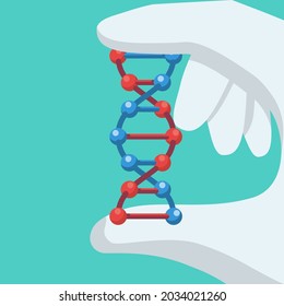 DNA structure holding doctor in hands. DNA icon. Vector illustration flat design. Isolated on white background. Scientific spiral DNA. Structure of molecules. Hand gesture as symbol of save and safet.