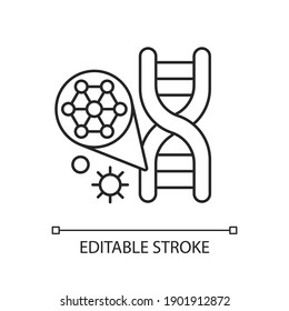 DNA structure linear icon. Chromosome exam. Microbiology experiment. Biotechnology research. Thin line customizable illustration. Contour symbol. Vector isolated outline drawing. Editable stroke