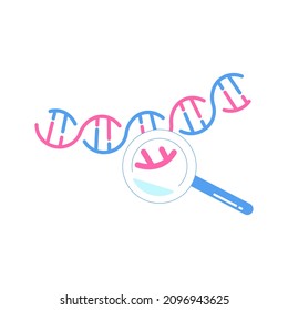 Símbolo de Adn magnificado bajo una lupa. Ciencia, química y exploración. Ilustración de vectores de arte plano