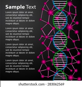 DNA symbol.icon.Vector illustration.science infographics template with text. Abstract gene chain black background.Can be used as medical,genetic,pharmaceutical, science industries.text box.card.