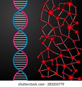 DNA symbol.icon.Vector illustration.science infographics template with text. Abstract gene chain black background.Can be used as medical,genetic,pharmaceutical, science industries.text box.card.