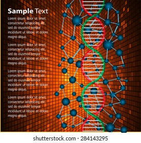 DNA symbol.icon.Vector illustration.science infographics template with text. Abstract gene chain orange background.Can be used as medical,genetic,pharmaceutical, science industries.text box.card.