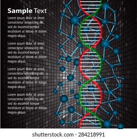 DNA symbol.icon.Vector illustration.science infographics template with text. Abstract gene chain black background.Can be used as medical,genetic,pharmaceutical, science industries.text box.card.