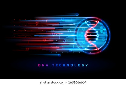 DNA technology, genome research and genetic biotechnology vector blue red neon light background. Human DNA gene, genetics science and biology, scientific medicine and healthcare molecular technology