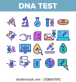 Dna Test Collection Elements Icons Set Vector Thin Line. Medicine Science And Genetics, Diagnostic Equipment And Medical Tools For Test Concept Linear Pictograms. Color Contour Illustrations