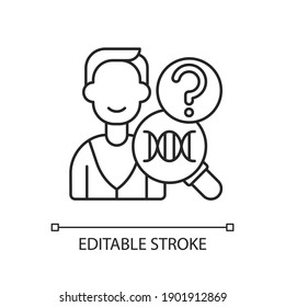 Icono lineal de prueba de ADN. Investigación química. Identidad humana. Análisis de laboratorio para datos genéticos. Ilustración personalizable de línea delgada. Símbolo de contorno. Dibujo de contorno aislado del vector. Trazo editable