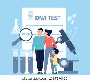 Dna test parents. Parenthood laboratory test, modern medical examination. Paternity testing in genetic laboratory, flat recent vector scene