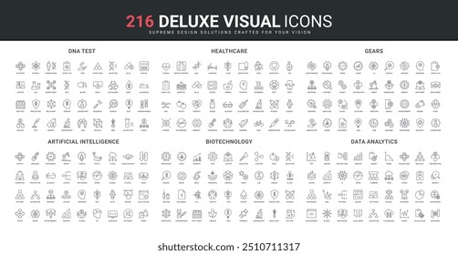 DNA test, science and artificial intelligence, data analytics tools, healthcare line icon set. Bio cells research, gear and molecular lab experiment thin black outline symbols vector illustration