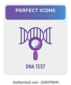 DNA test thin line icon. Genetic test. DNA chain under magnifying glass. Modern vector illustration of genetic research.