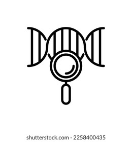 Icono de delgada línea de prueba de ADN. Prueba genética. Cadena de ADN bajo lupa. Ilustración vectorial moderna de la investigación genética.