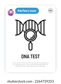 DNA test thin line icon. Genetic test. DNA chain under magnifying glass. Modern vector illustration of genetic research.