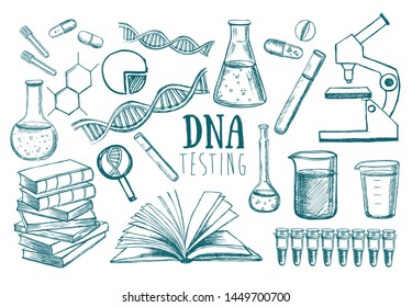 DNA testing. Medicinal laboratory. Hand drawn illustration. 