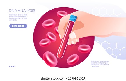 DNA tests in the hands of a bottle of red blood cells on the background