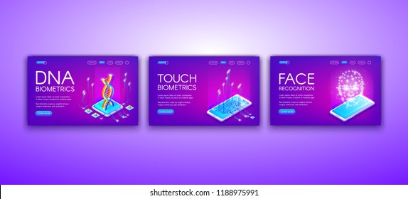 DNA, touch and face biometrics vector illustration of personal identity recognition and authentication technology. Fingerprint scan and human body sensor in smartphone on purple ultraviolet background