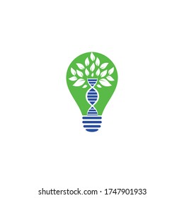 Dna tree bulb shape concept vector logo design. DNA genetic icon. DNA with green leaves vector logo design.