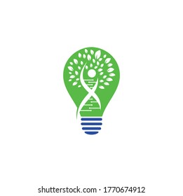 Dna tree bulb shape concept vector logo design. DNA genetic icon. DNA with green leaves vector logo design.