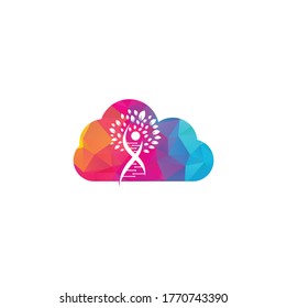 Dna tree cloud shape concept vector logo design. DNA genetic icon. DNA with green leaves vector logo design.	