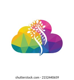 DNA tree and cloud shape vector logo design. DNA genetic and cloud icon. DNA with green leaves vector logo design.