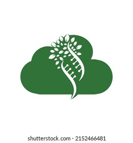 DNA tree and cloud shape vector logo design. DNA genetic and cloud icon. DNA with green leaves vector logo design.