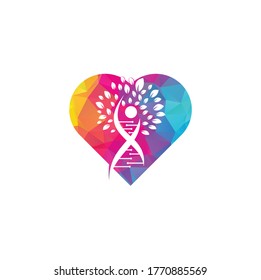Dna tree heart shape concept vector logo design. DNA genetic icon. DNA with green leaves vector logo design.	